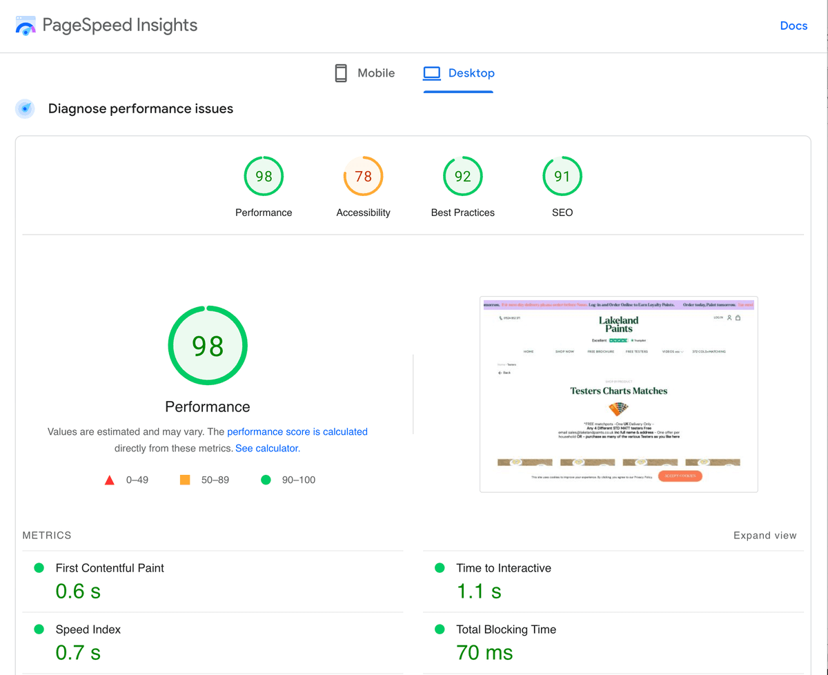 Project website pagespeed rating